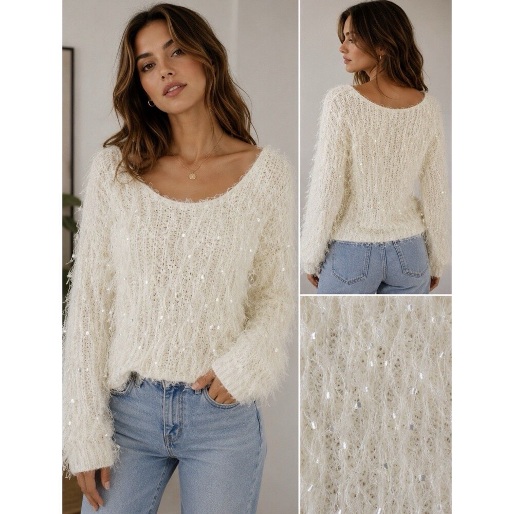 Y2K Cream Shaggy Eyelash Knit Sweater Cozy Cropped Pullover
